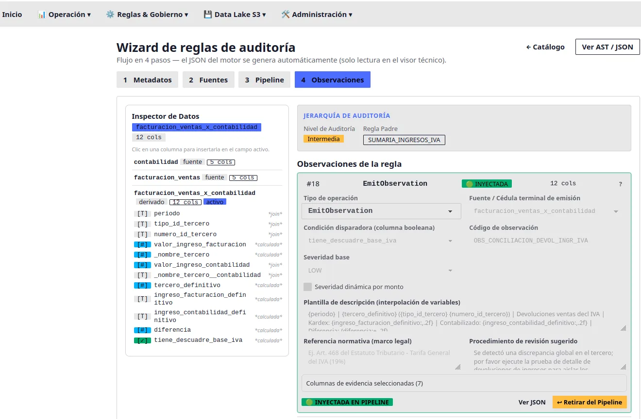 Wizard del GIPROAS Engine: inspector de datos con columnas derivadas, jerarquía de auditoría y una observación con severidad, plantilla de descripción, referencia normativa y columnas de evidencia.